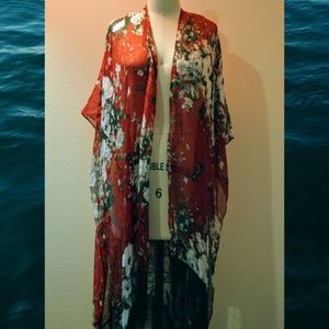 Red floral kimono style coverup